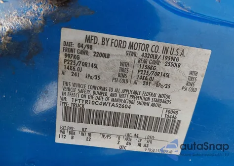 1998 Ford Ranger Splash/Xl/Xlt from USA, damaged, VIN 1FTYR10C4WTA52604